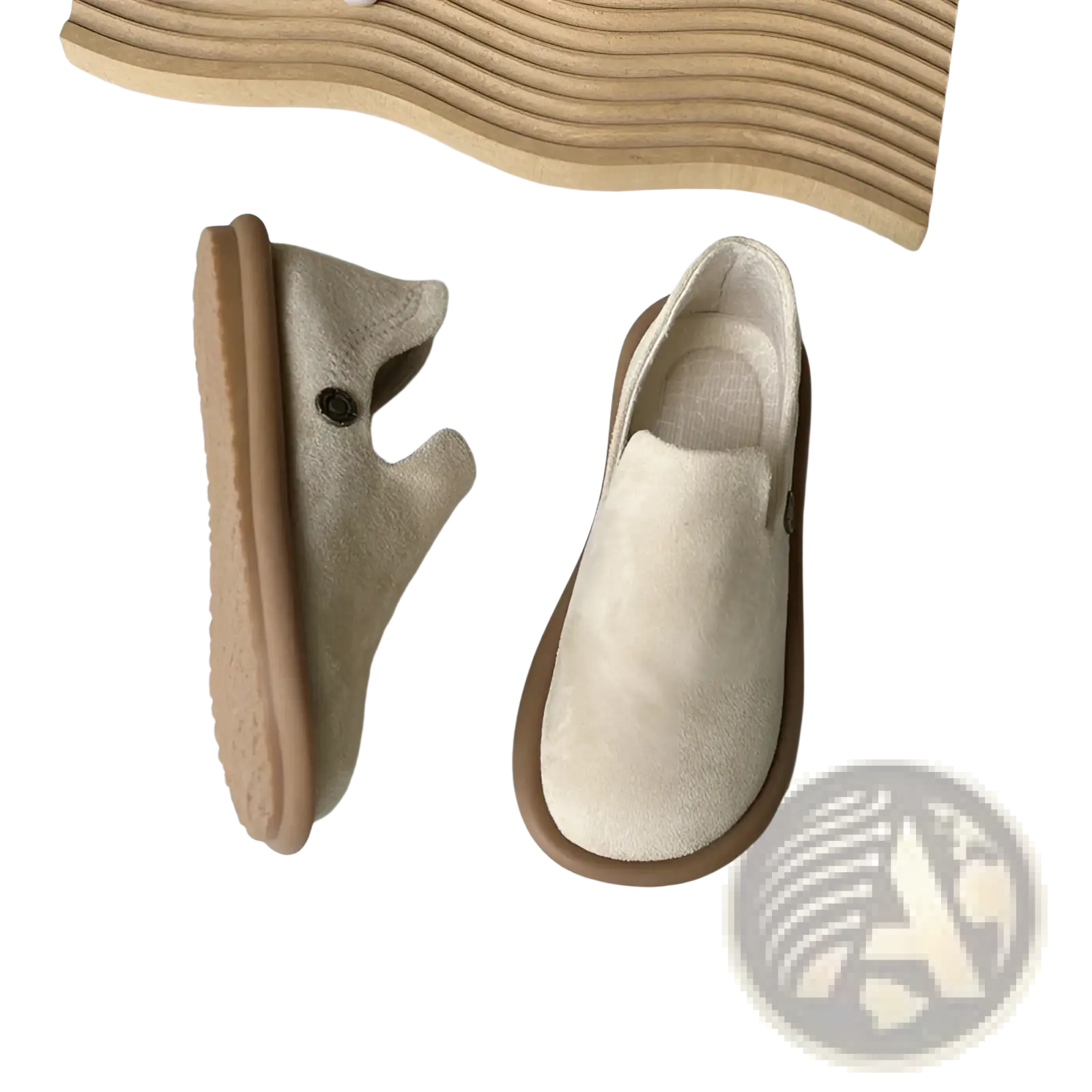 Beige suede slip on vintage British style low heel pumps with tan rubber sole and small black button detail on side