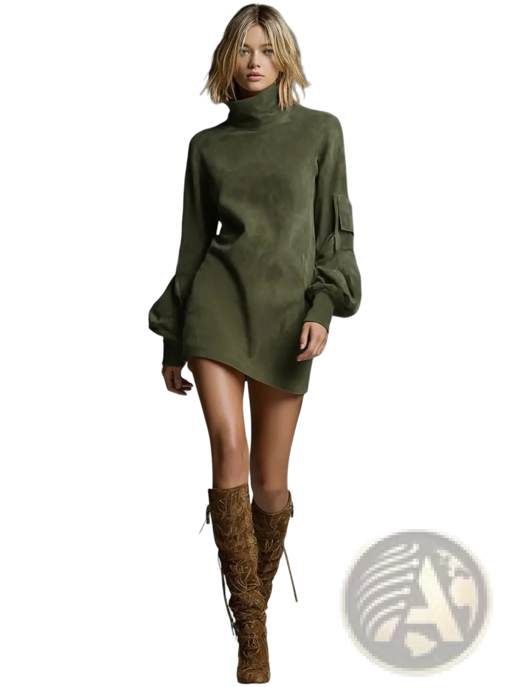 Olive green suede turtleneck cargo mini dress with long sleeves and functional pockets in a sleek design