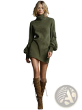 Olive green suede turtleneck cargo mini dress with long sleeves and functional pockets in a sleek design