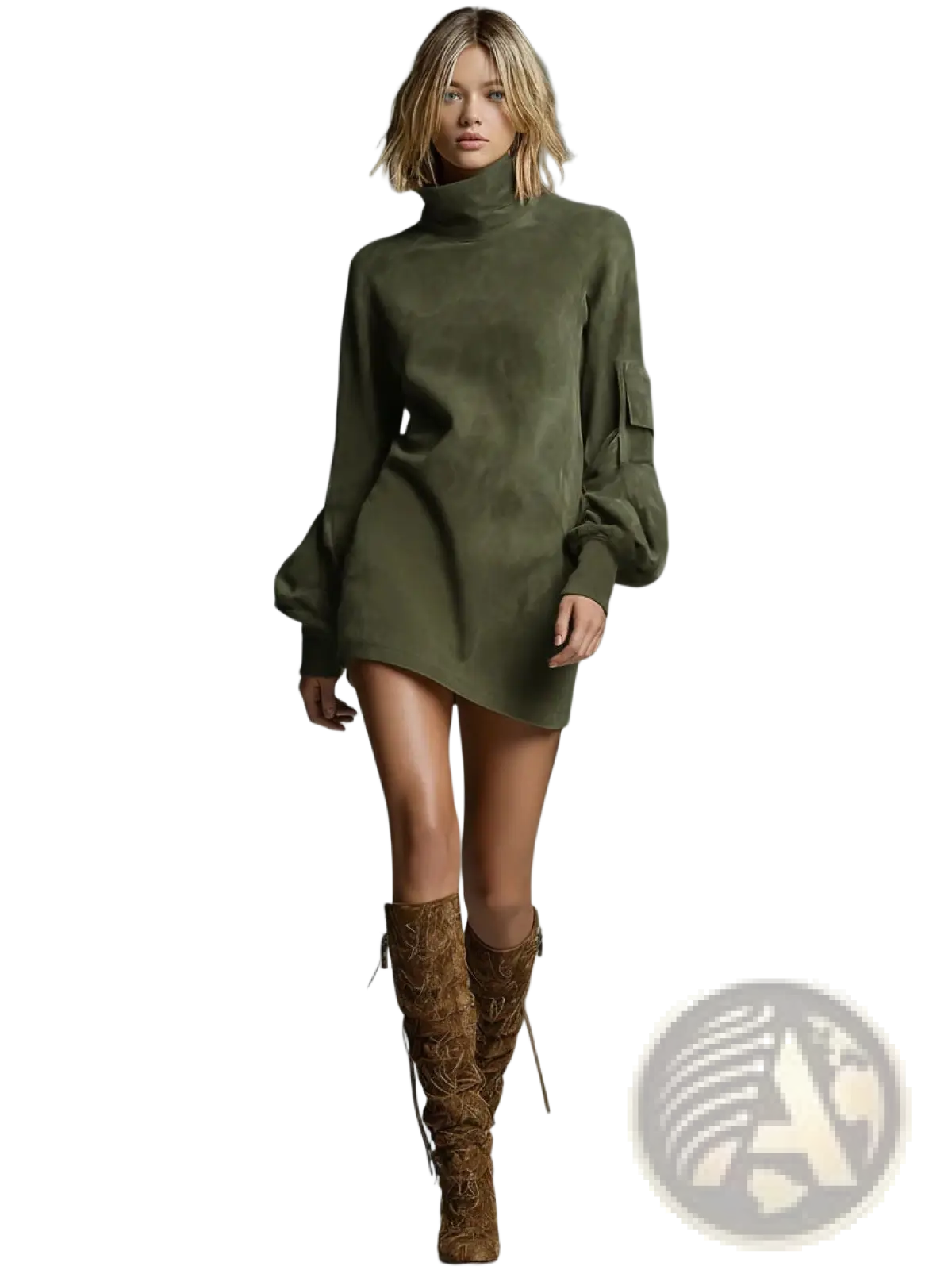 Olive green suede turtleneck cargo mini dress with long sleeves and functional pockets in a sleek design
