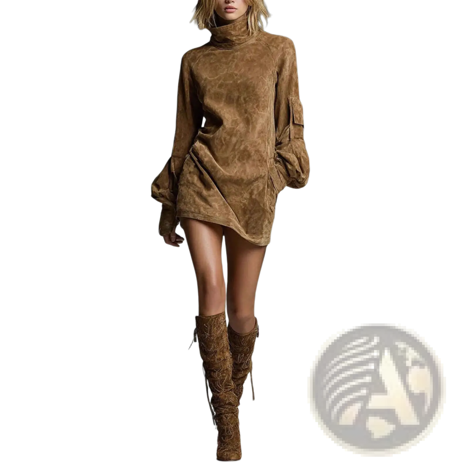 A brown suede turtleneck cargo mini dress with long puffed sleeves and a slanted hemline