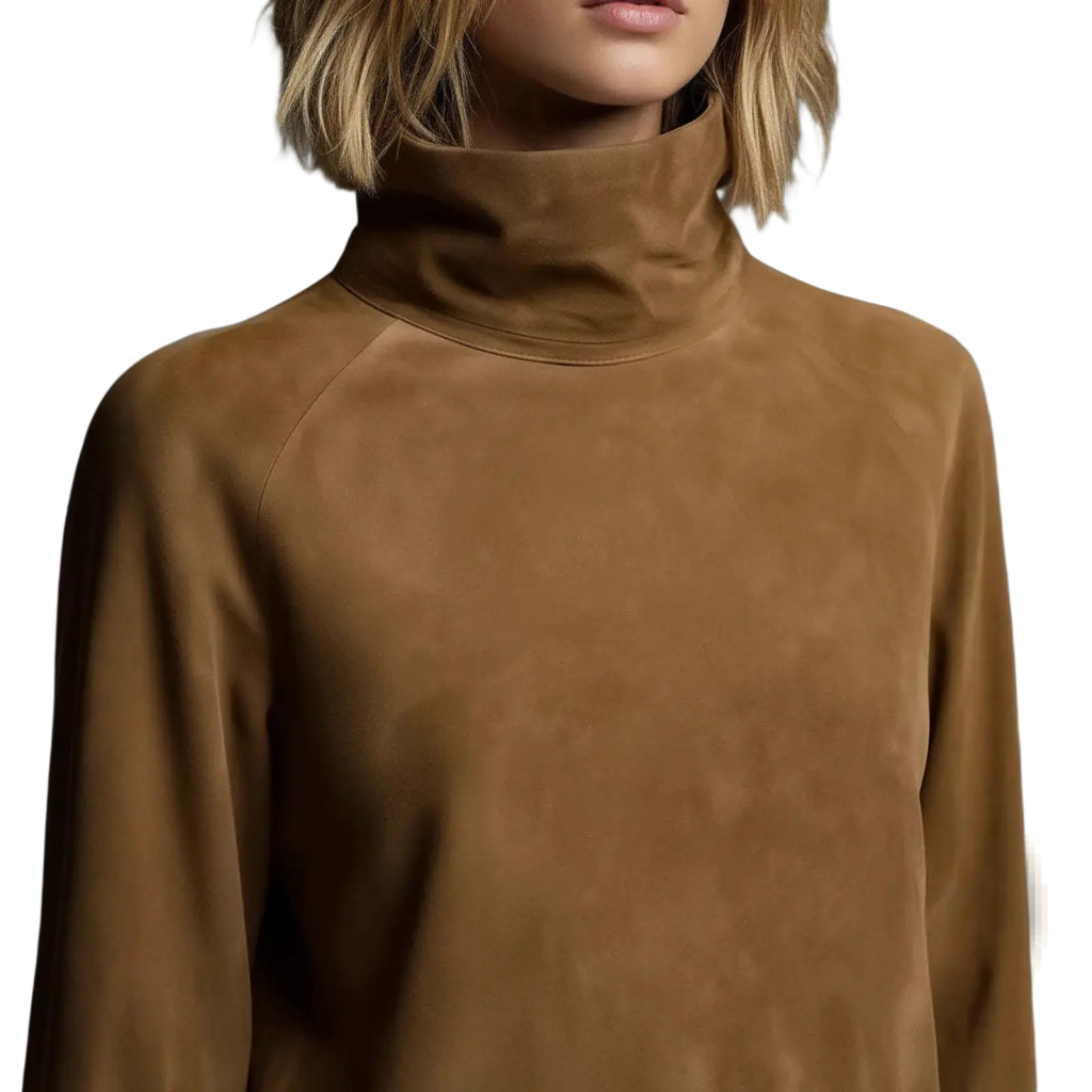 A soft tan suede turtleneck cargo mini dress with a high collar and long sleeves