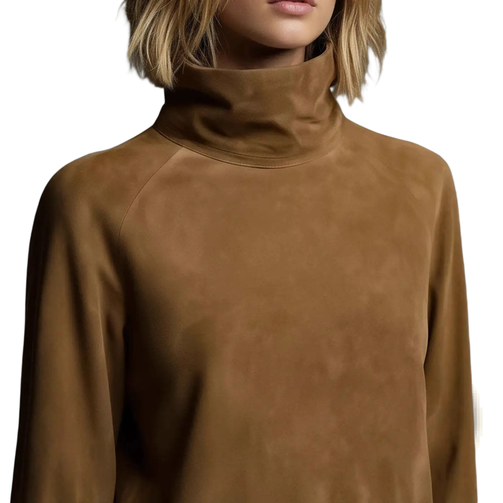 A soft tan suede turtleneck cargo mini dress with a high collar and long sleeves