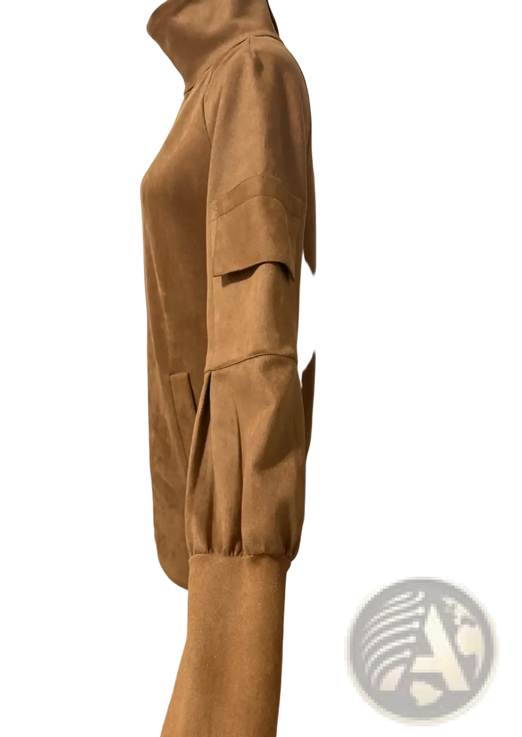 A tan suede turtleneck cargo mini dress with long sleeves featuring a high collar and patch pockets