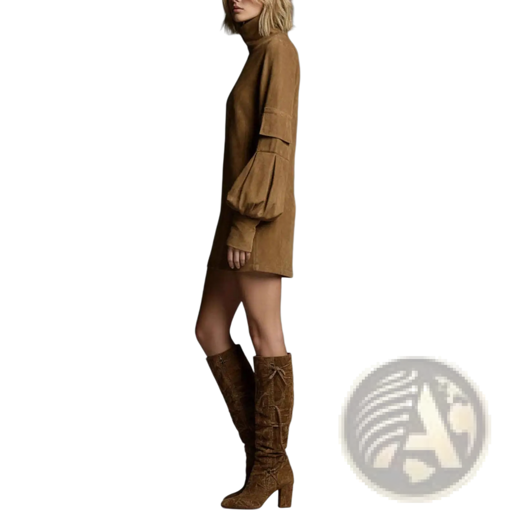 Tan suede mini dress with puffed long sleeves and high neckline from suede turtleneck cargo mini dress collection