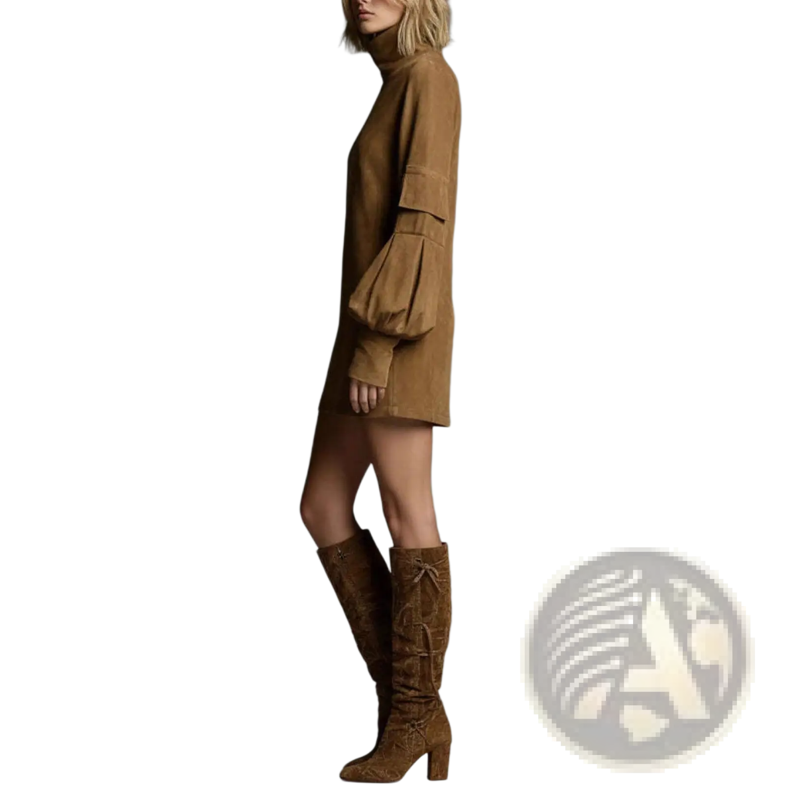 Tan suede mini dress with puffed long sleeves and high neckline from suede turtleneck cargo mini dress collection