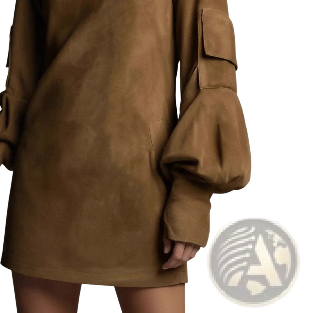 A tan suede mini dress with voluminous puff sleeves and patch pockets perfect for stylish casual wear