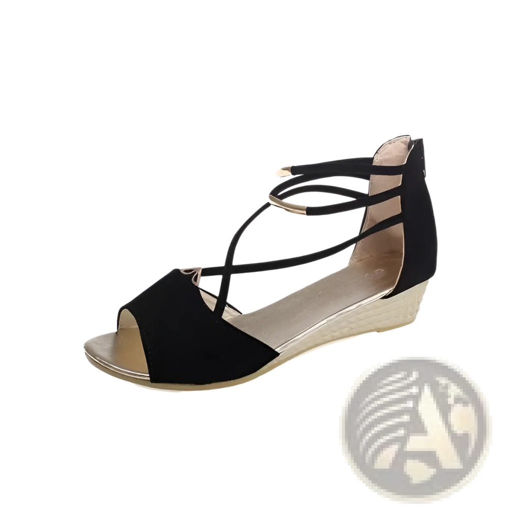 Black suede wedge sandals with crisscross straps and gold-tone metal accents for Korean low heel strappy shoes