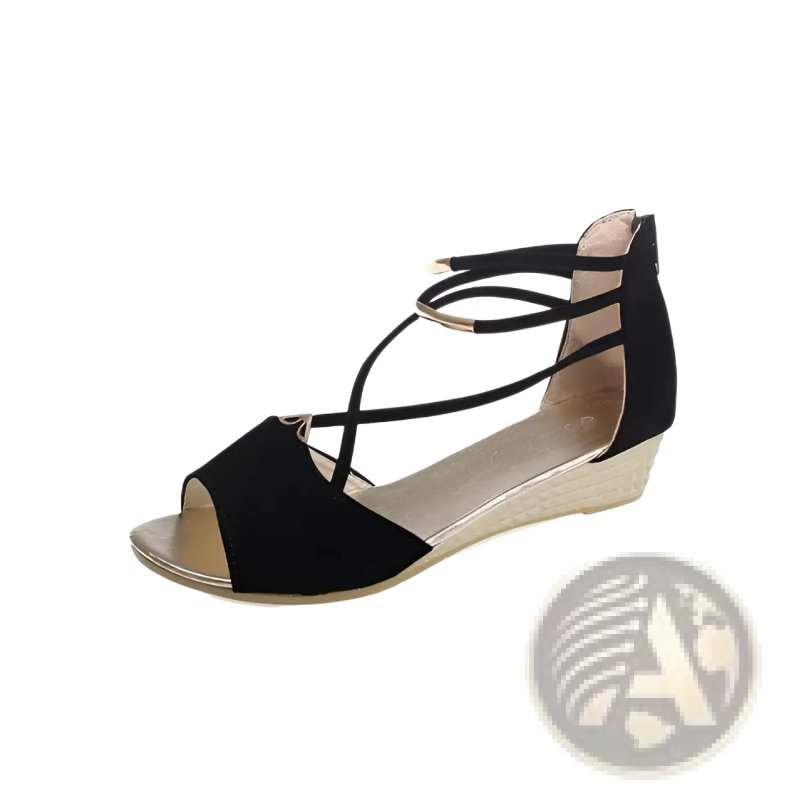 Black suede wedge sandals with crisscross straps and gold-tone metal accents for Korean low heel strappy shoes