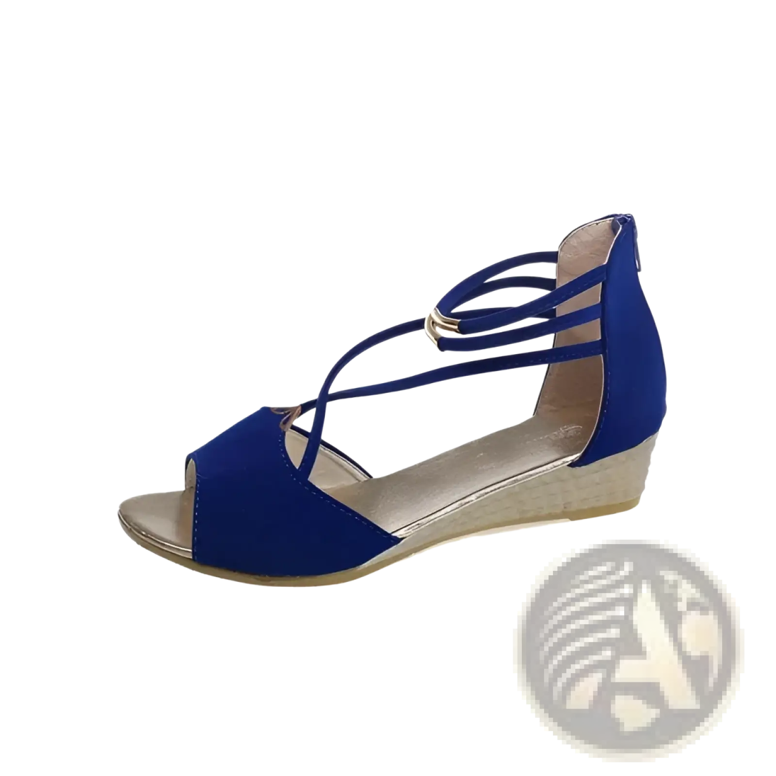 Royal blue suede wedge sandal with crisscross straps and gold-tone buckle in Korean low heel strappy design