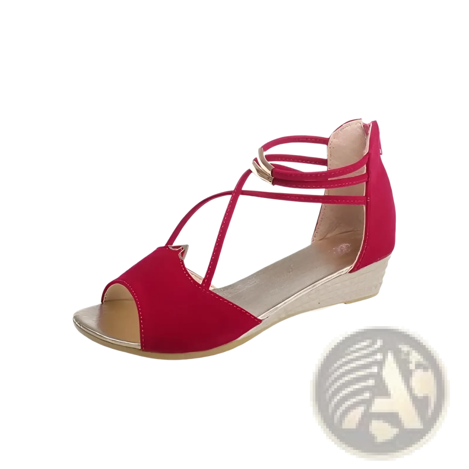 Red suede wedge sandal with crisscross straps and metallic buckle from suede wedge sandals korean low heel strappy shoes