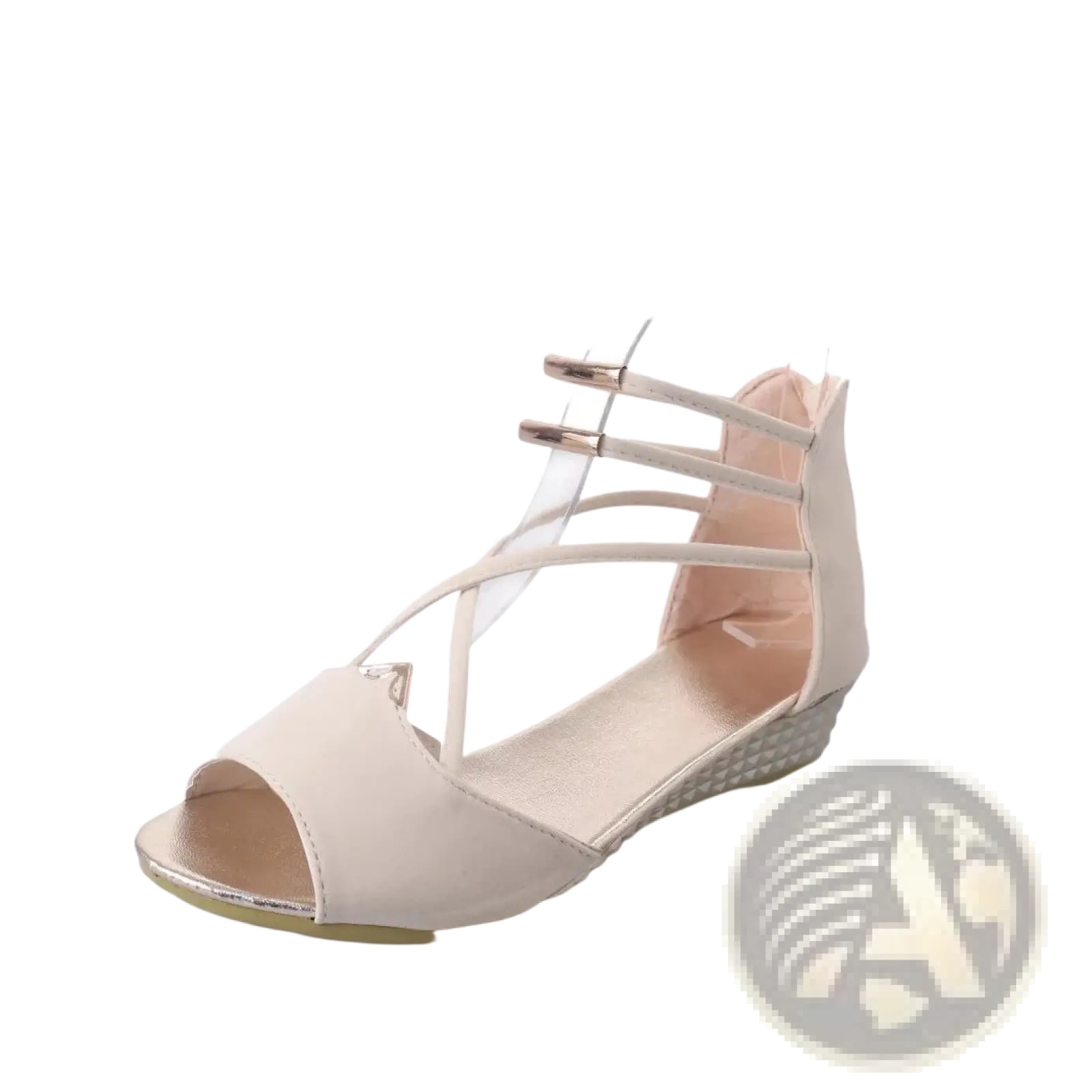 Beige suede wedge sandals with metallic accents and a woven sole featuring a korean low heel and strappy design