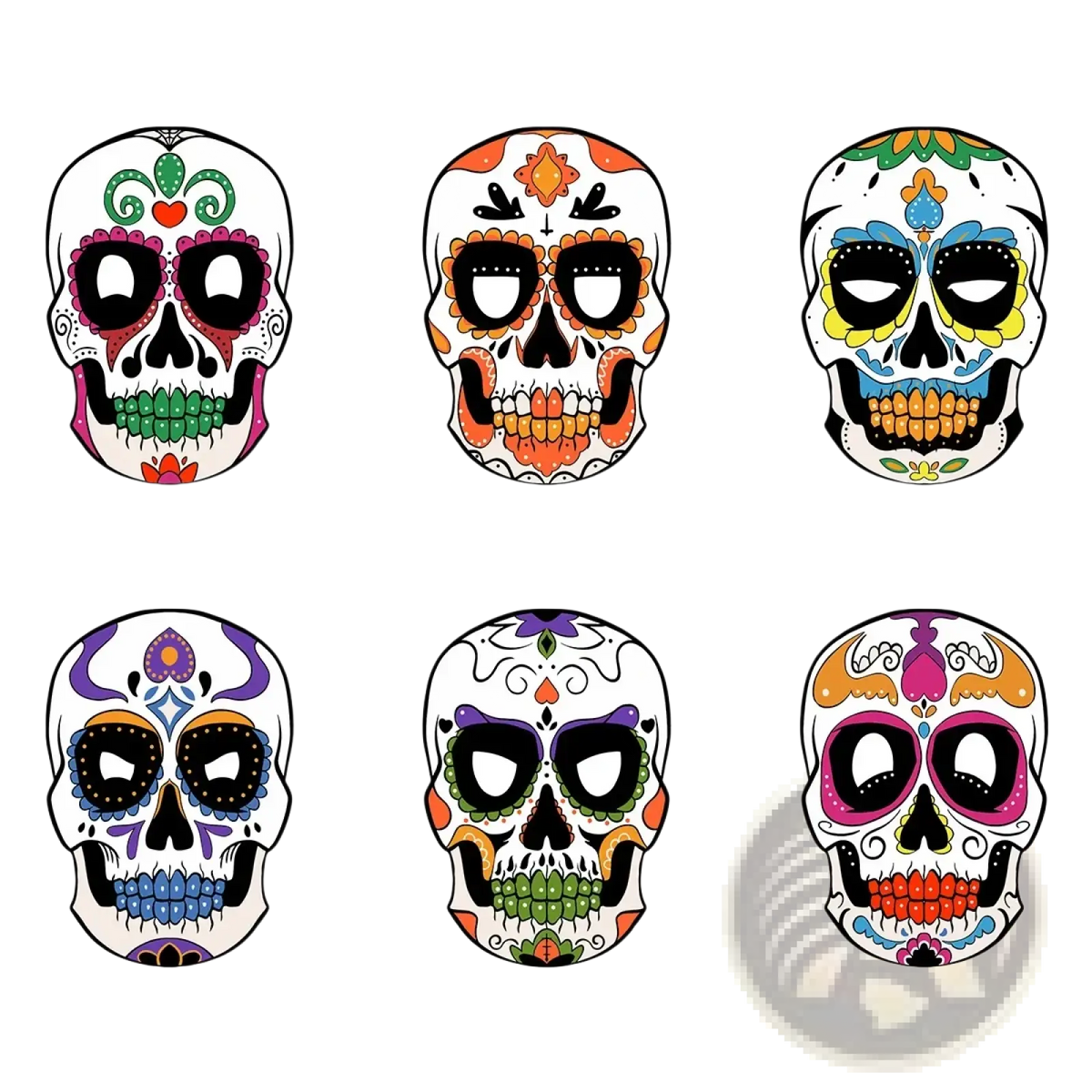 Colorful sugar skull mask 3pack featuring intricate pink orange green blue and purple designs for day of the dead costume