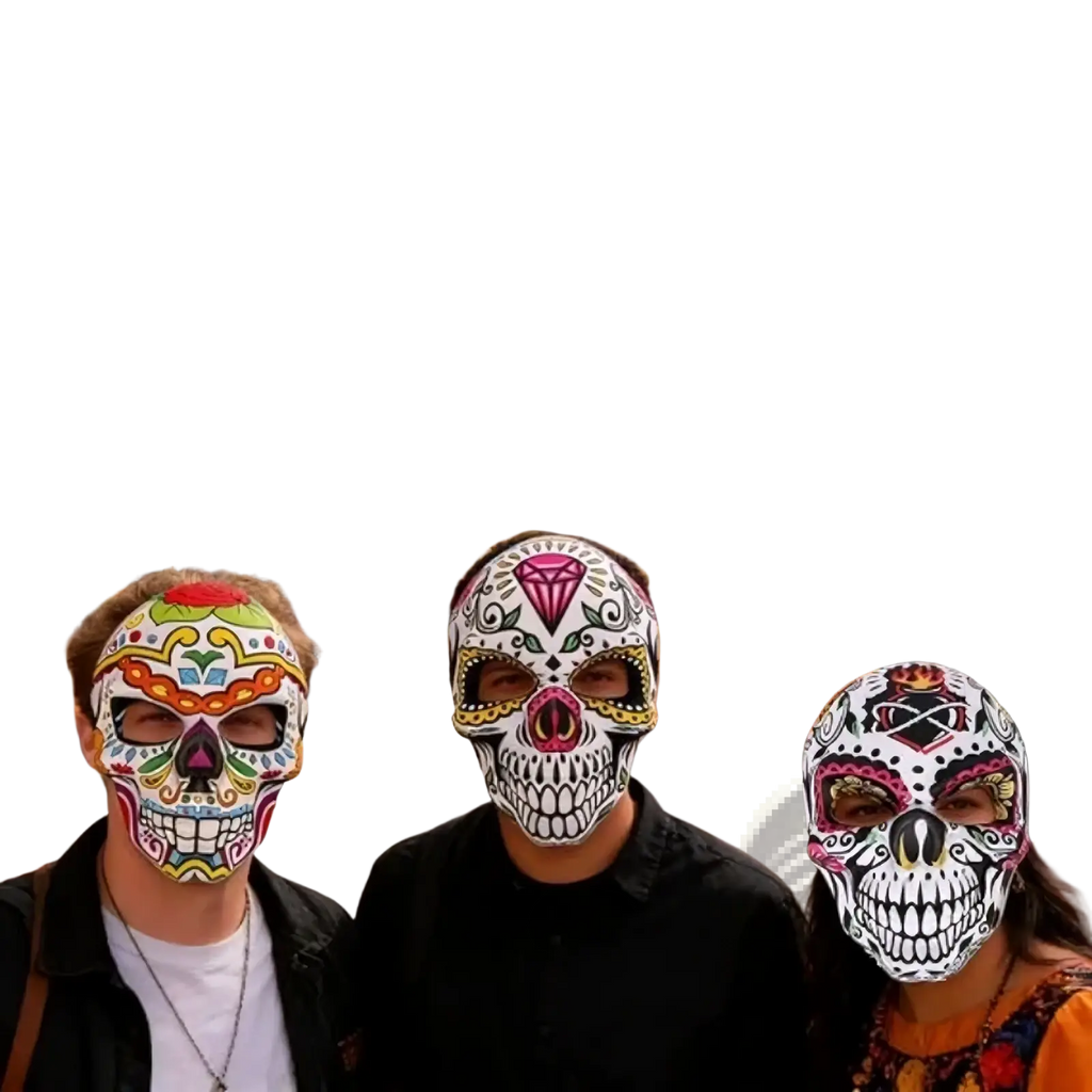 Colorful intricately painted sugar skull masks with vibrant patterns for day of the dead costume 3 pack
