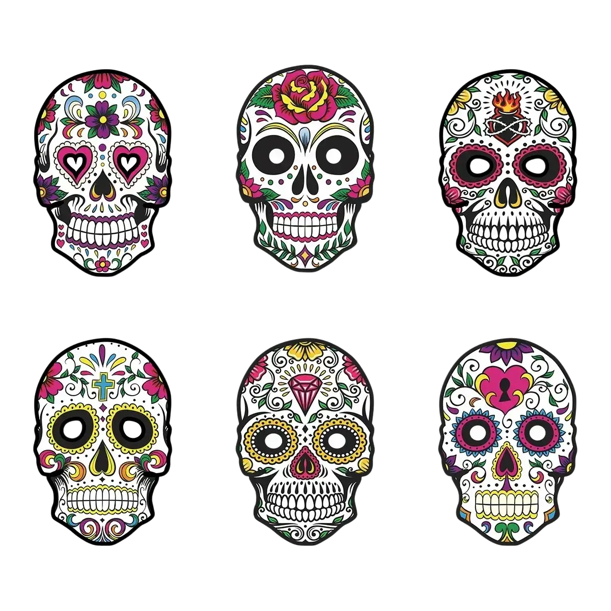 Six vibrant sugar skull mask designs with intricate floral patterns for day of the dead costume set