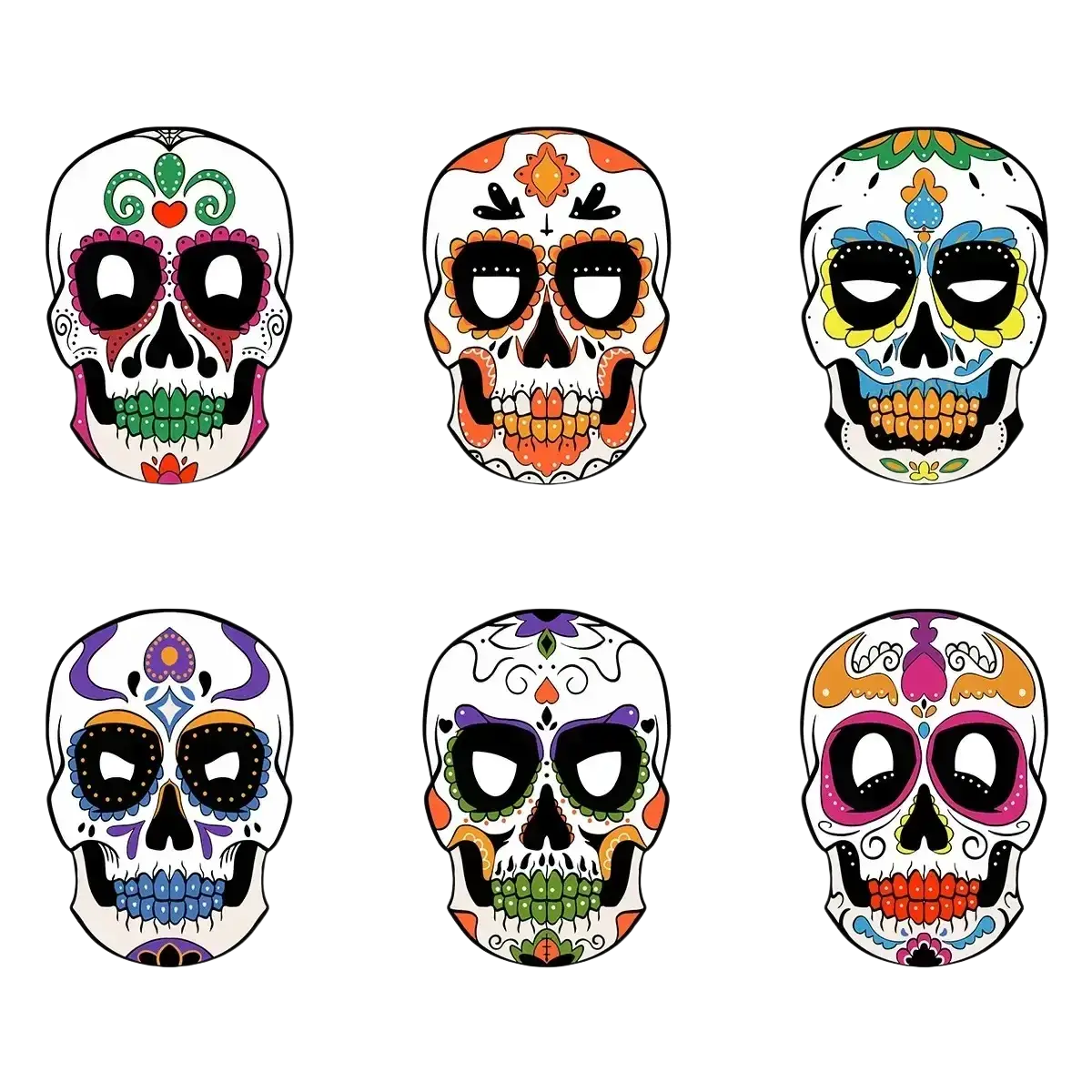 Six vibrantly decorated sugar skull masks in pink orange green blue purple and yellow for day of the dead costume