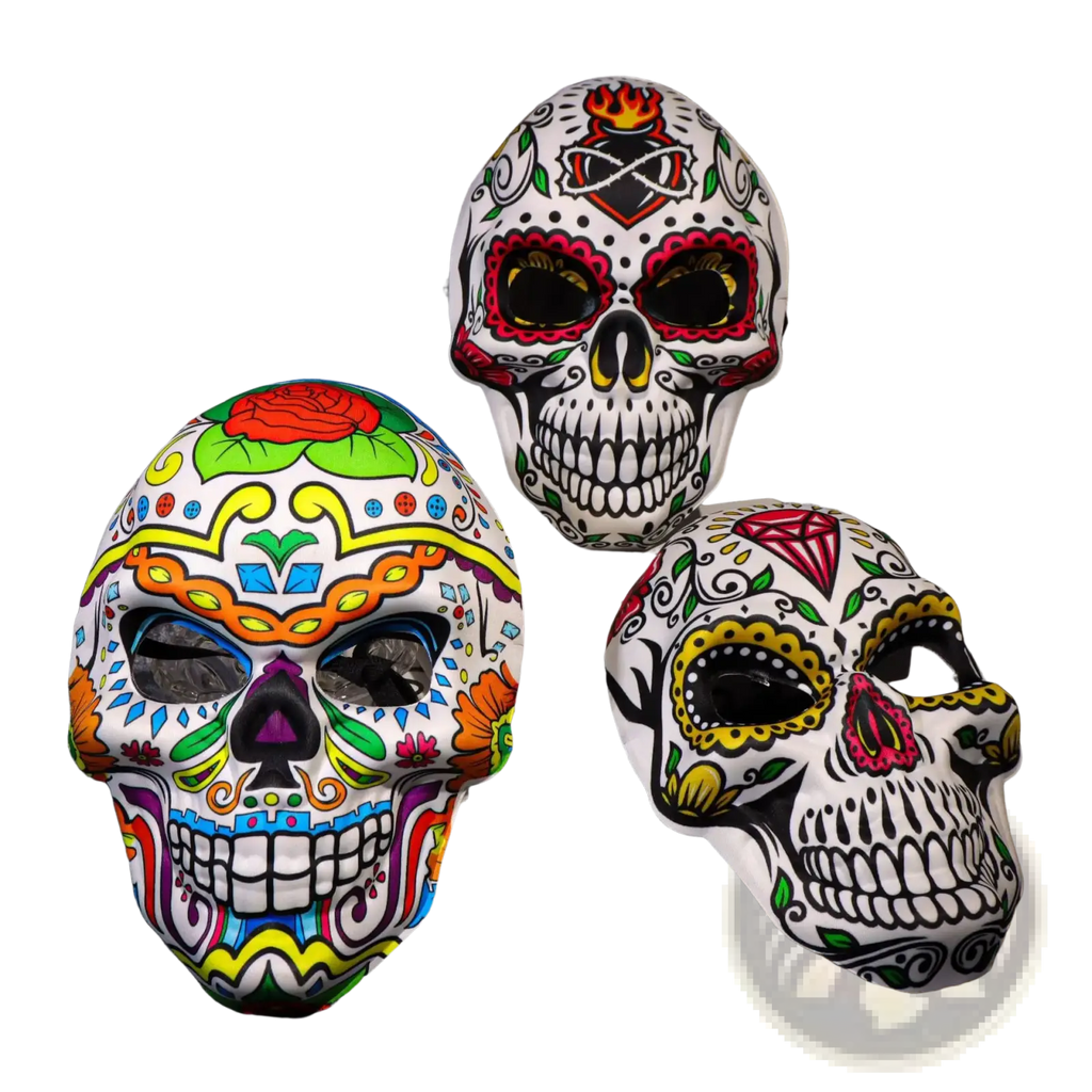 Three vibrantly painted sugar skull mask 3pack with intricate floral and geometric designs for day of the dead costume