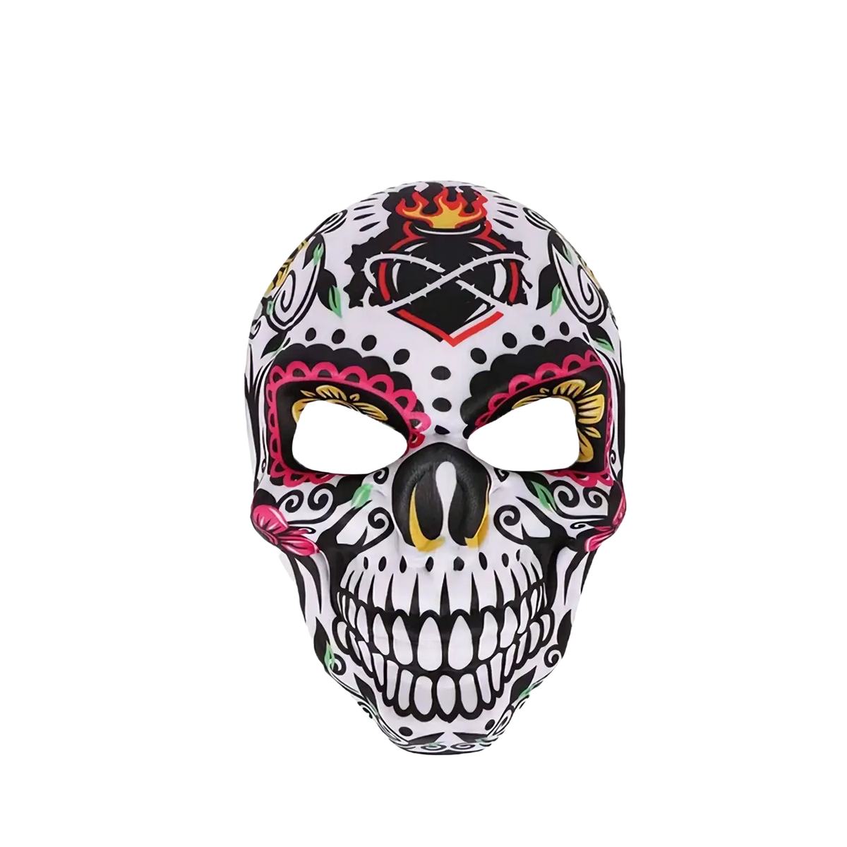 A vibrant sugar skull mask with intricate pink black yellow and green floral and flame designs for day of the dead costume