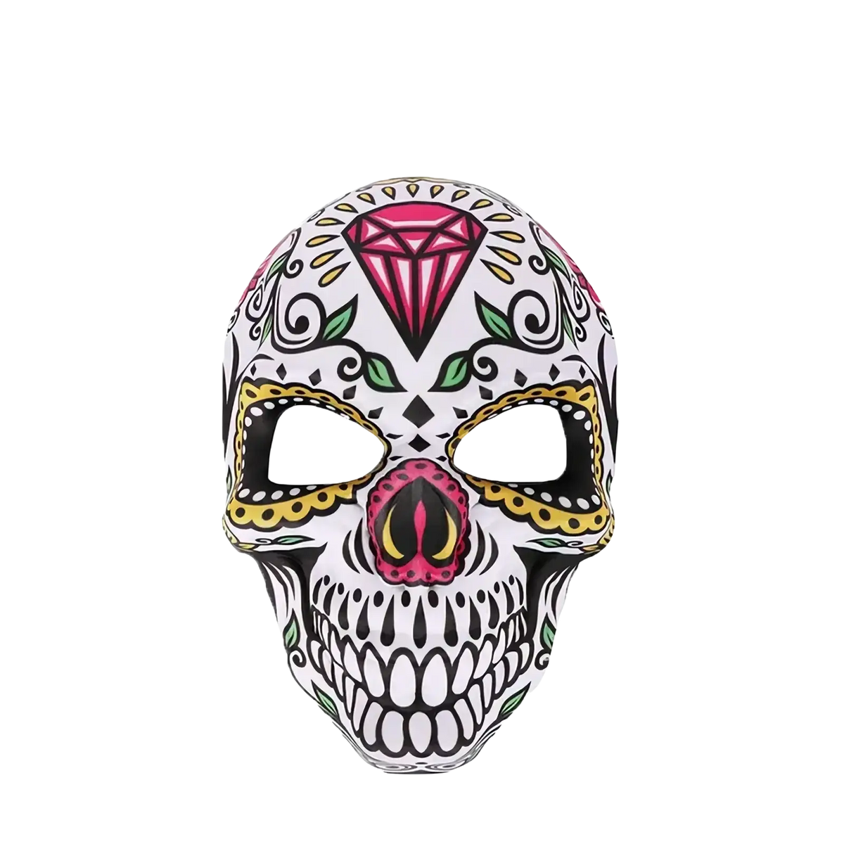 A vibrant sugar skull mask with intricate pink yellow green and black patterns for day of the dead costume