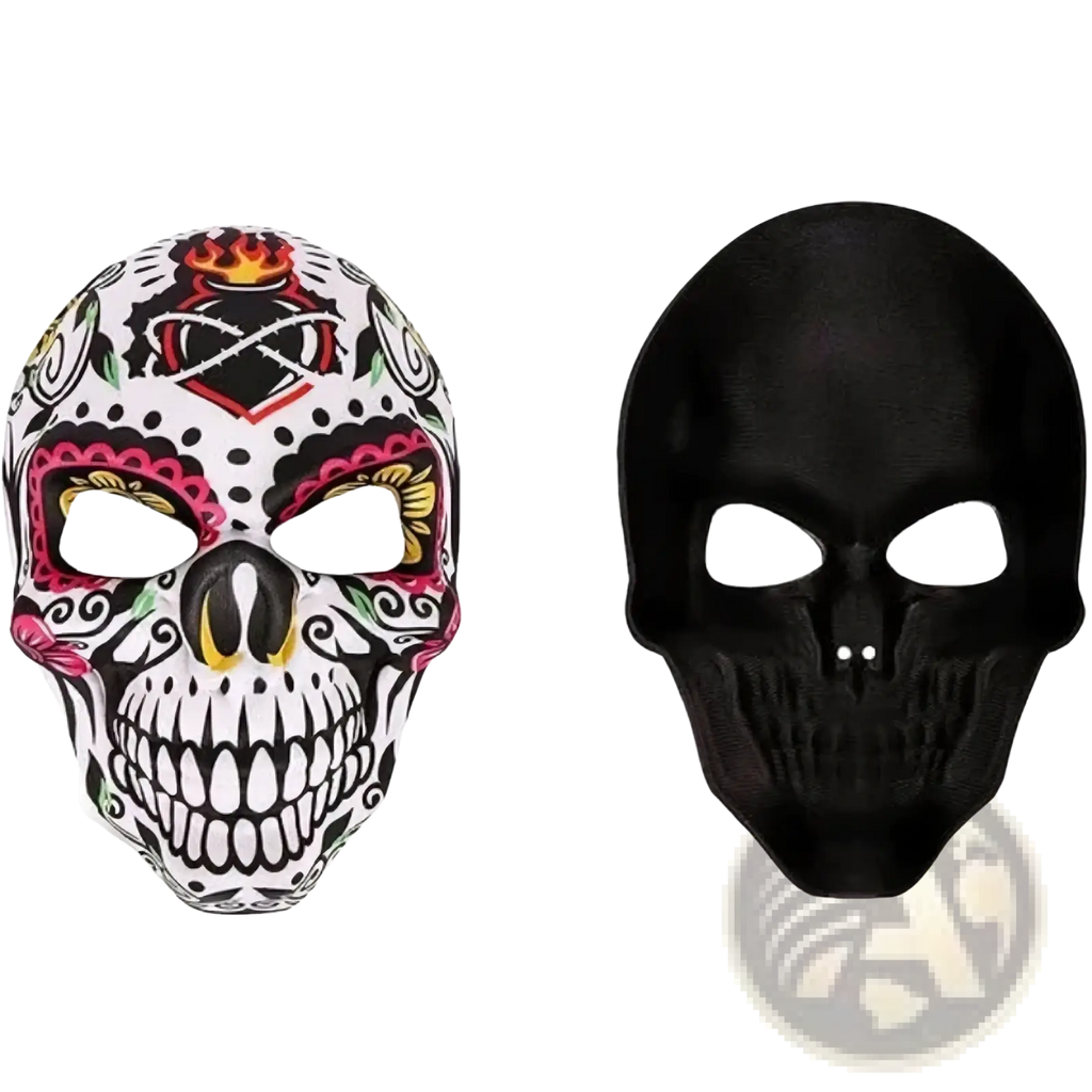 A vibrant sugar skull mask with bold black outlines and pink yellow red floral patterns for day of the dead costume