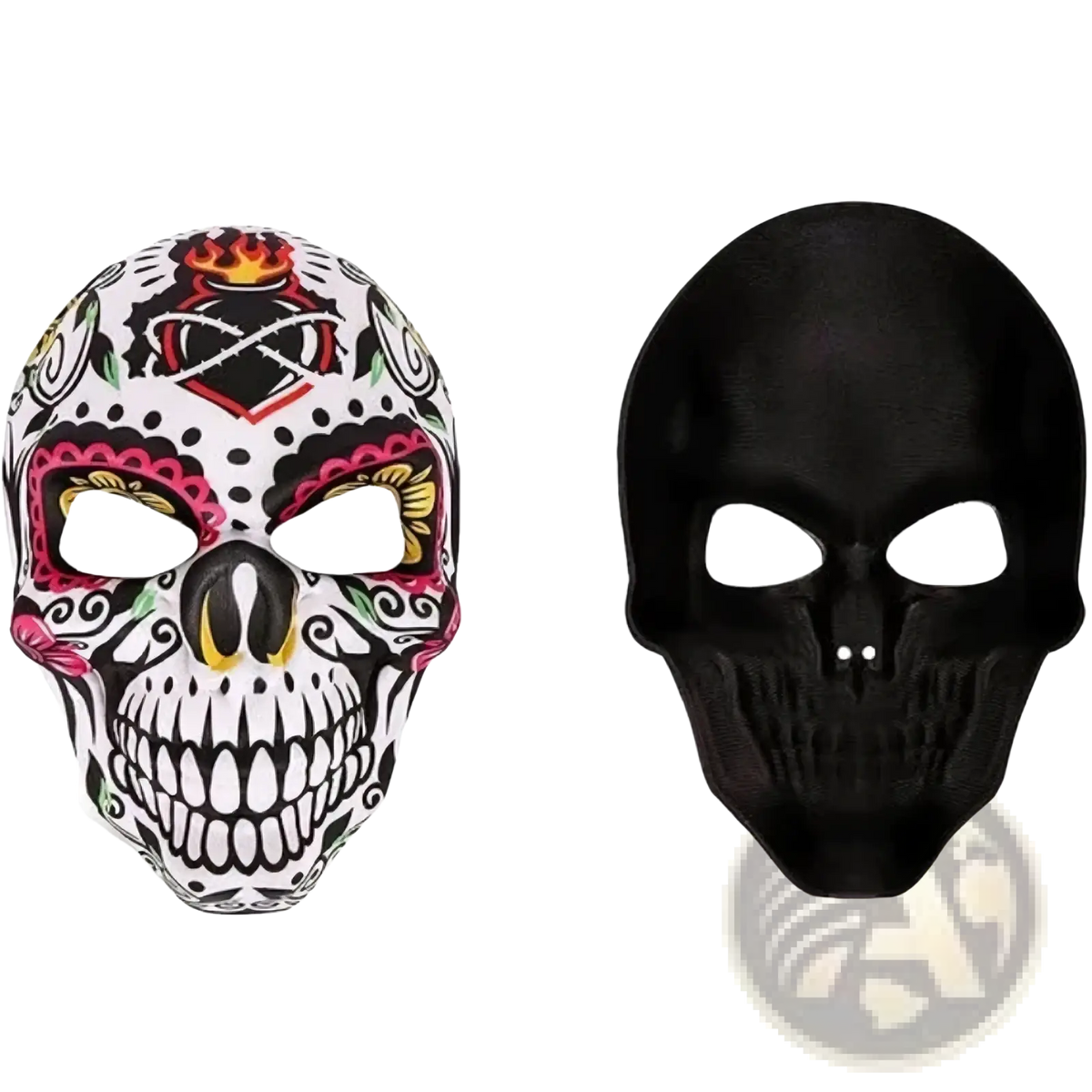 A vibrant sugar skull mask with bold black outlines and pink yellow red floral patterns for day of the dead costume