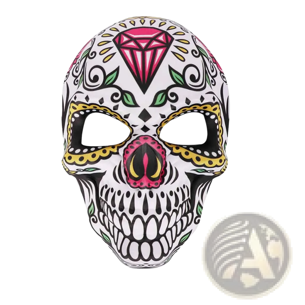 Sugar skull mask 3pack featuring vibrant white base with black outlines pink yellow gems and green leaf accents for day of the dead costume