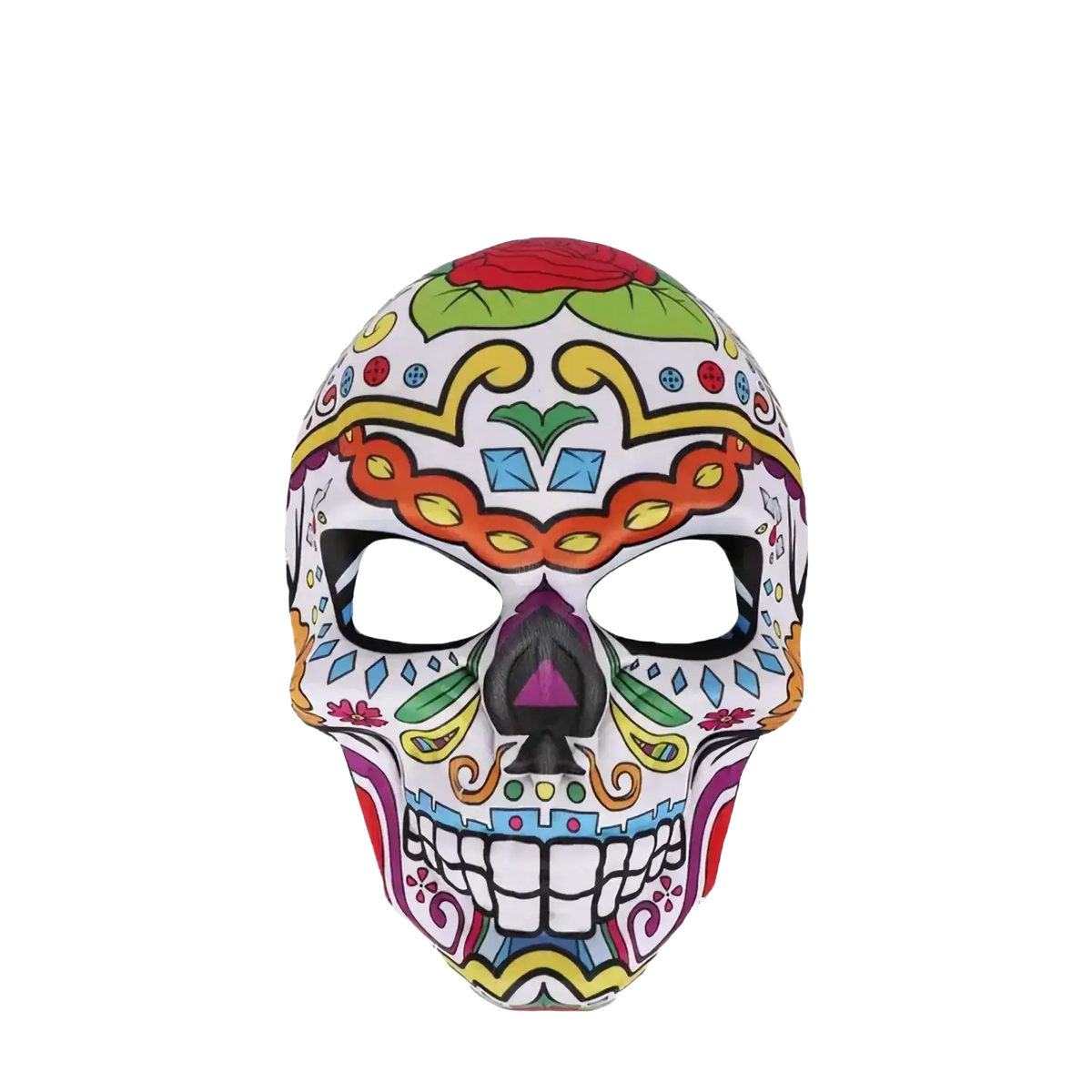 A vibrantly painted sugar skull mask with intricate floral and geometric designs in bold colors for day of the dead costume