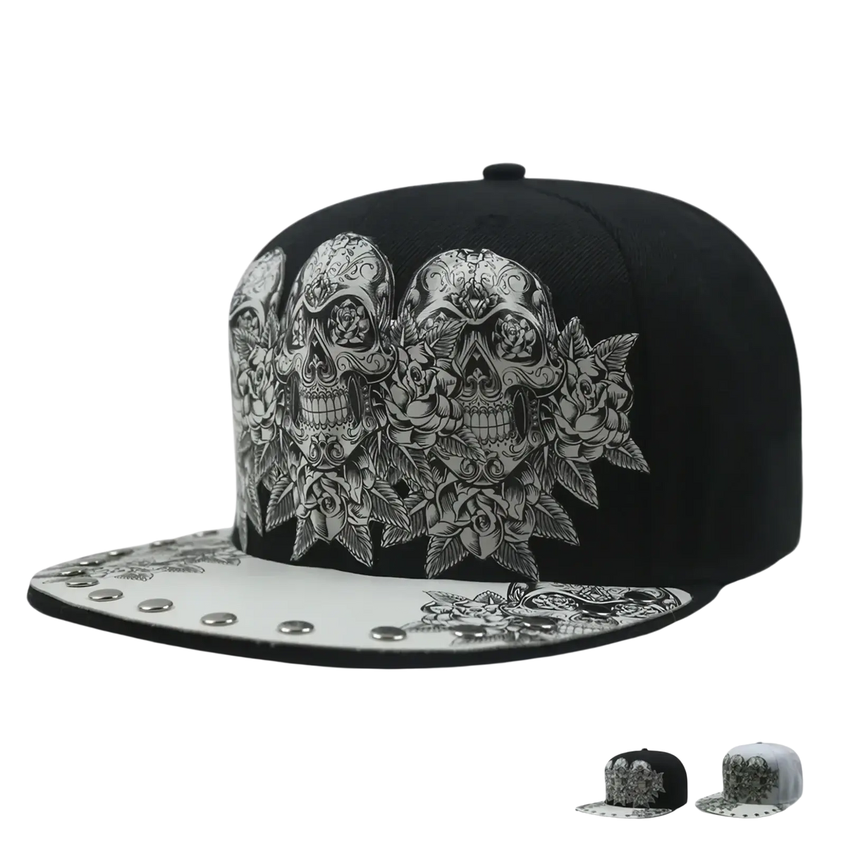 Black snapback baseball cap with white sugar skull and rose designs and silver studded white brim
