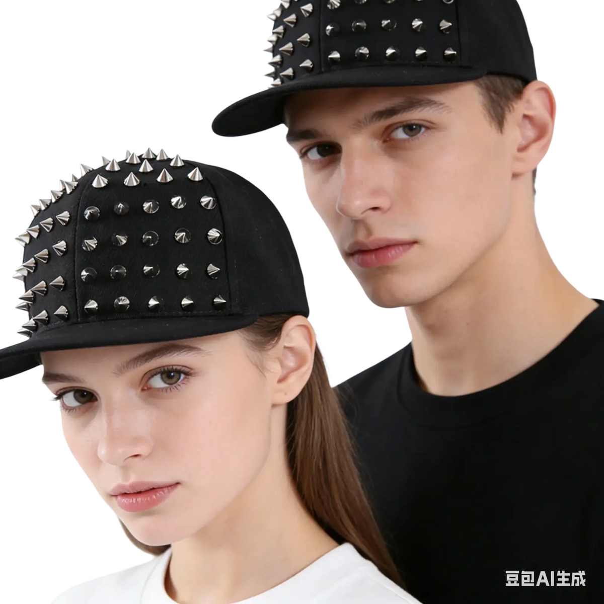Black Sugar Skull rivet snapback baseball cap featuring silver metallic spikes as key decorative elements