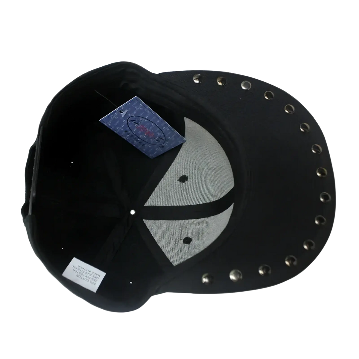 Black Sugar Skull rivet snapback baseball cap with silver rivets on brim and mesh interior for breathability