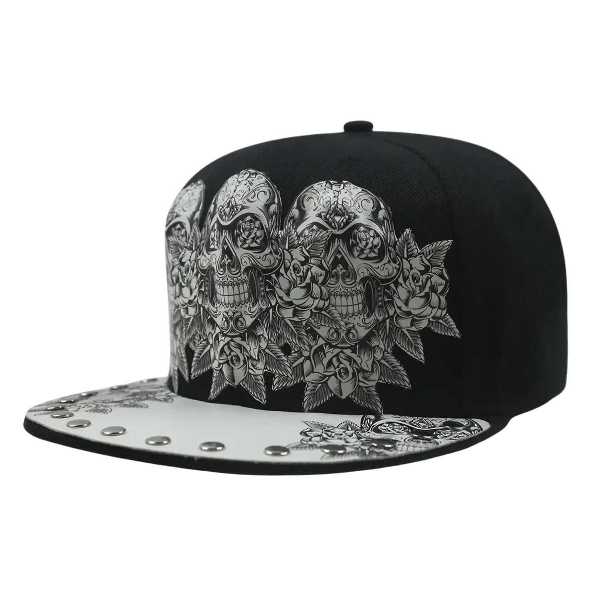 Black snapback baseball cap with intricate silver sugar skull and rose designs and white brim with metallic studs