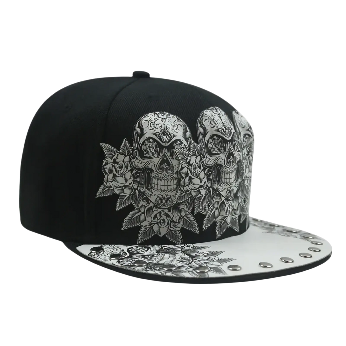 Black snapback baseball cap featuring intricate silver sugar skull and rose designs with white studded brim