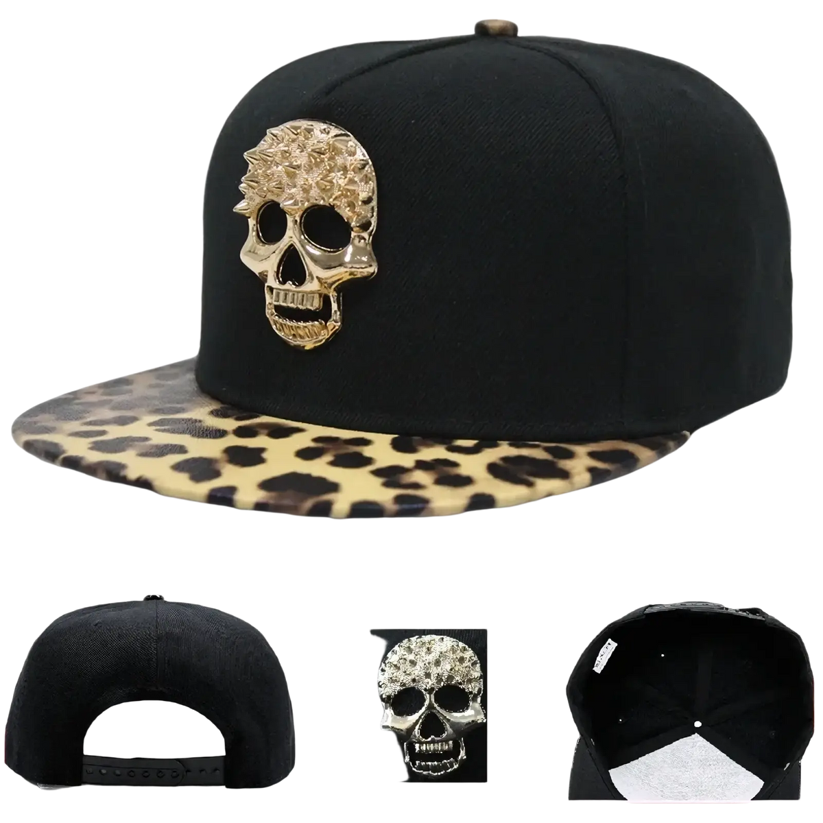 Black snapback baseball cap with gold sugar skull emblem and leopard print brim for casual streetwear use