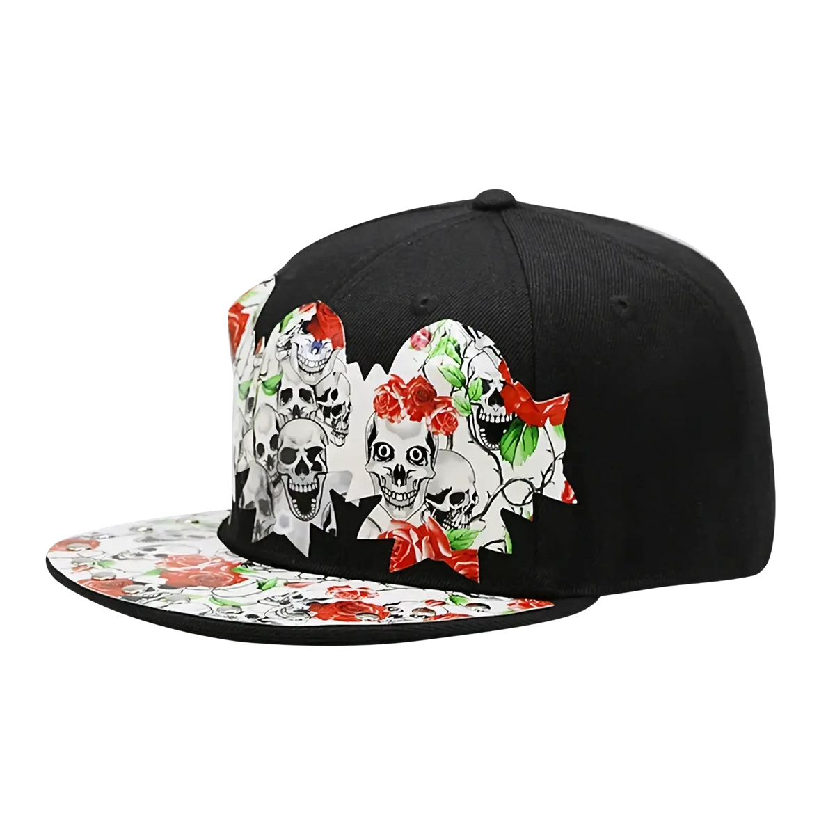 Black snapback baseball cap featuring bold sugar skull graphic with red roses on front panels and brim