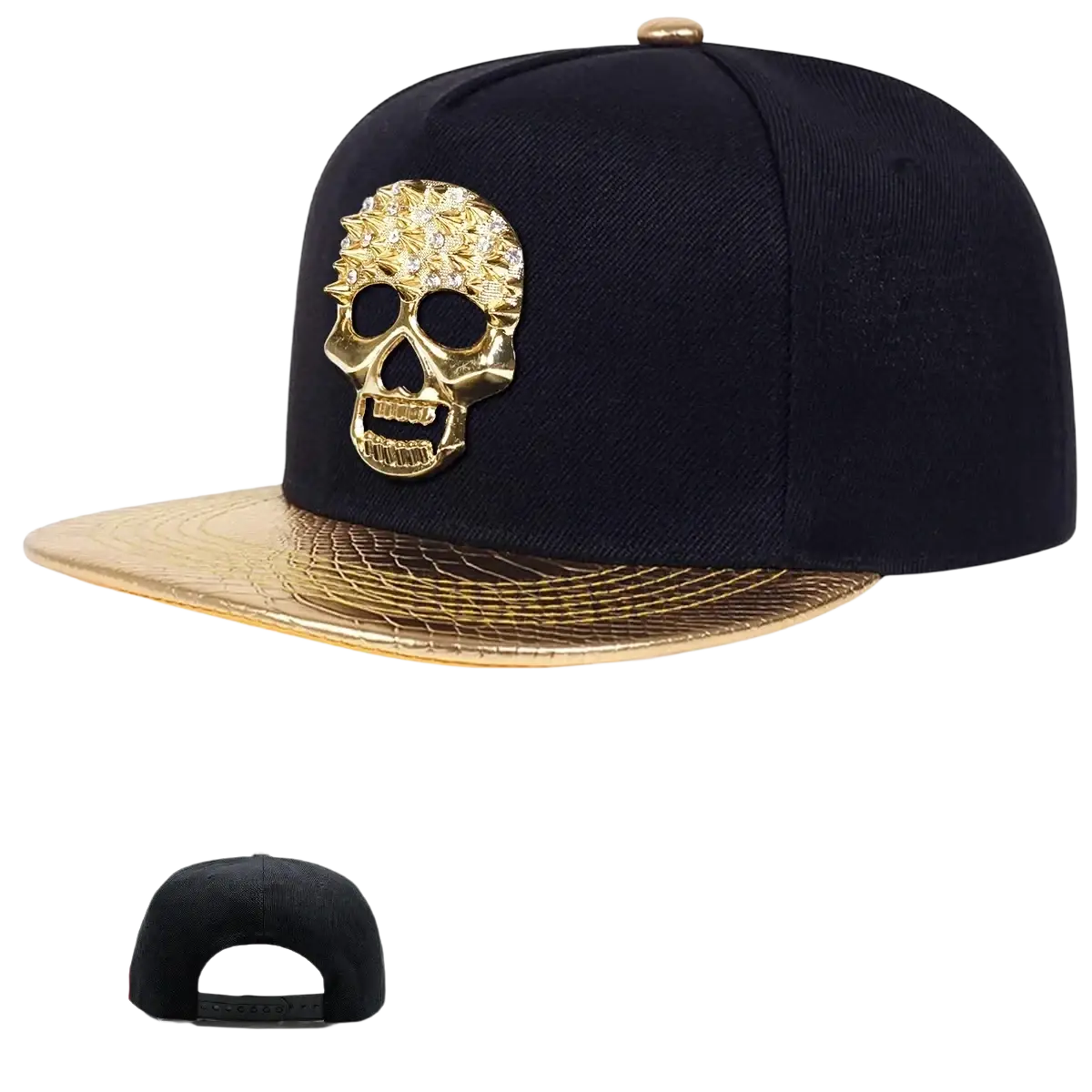 Black snapback cap featuring a gold rhinestone sugar skull emblem and a contrasting gold flat brim for stylish wear