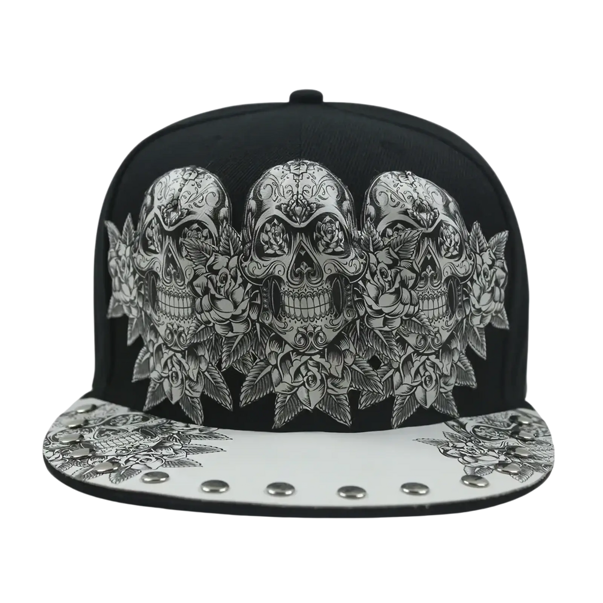 Black snapback baseball cap with detailed silver sugar skull and rose design and studded white brim for stylish wear