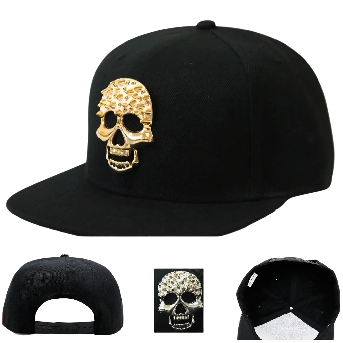 Black snapback baseball cap with a gold textured diamond skull emblem Sugar Skull Rivet Snapback Baseball Cap
