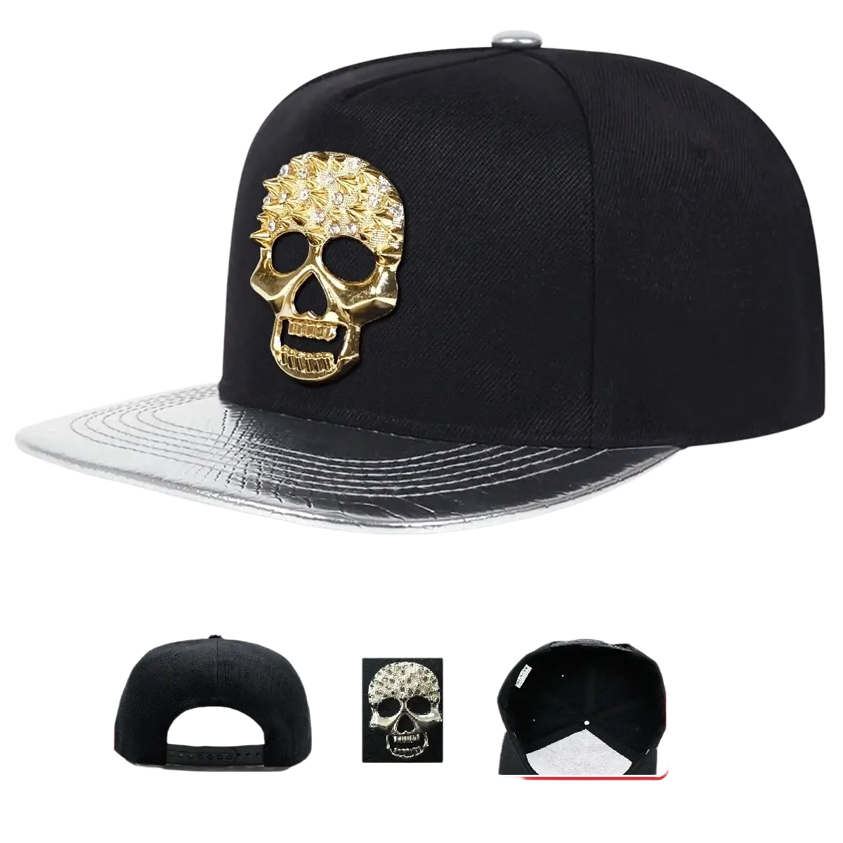 Black snapback baseball cap with gold rhinestone skull emblem and silver visor in Sugar Skull Rivet design
