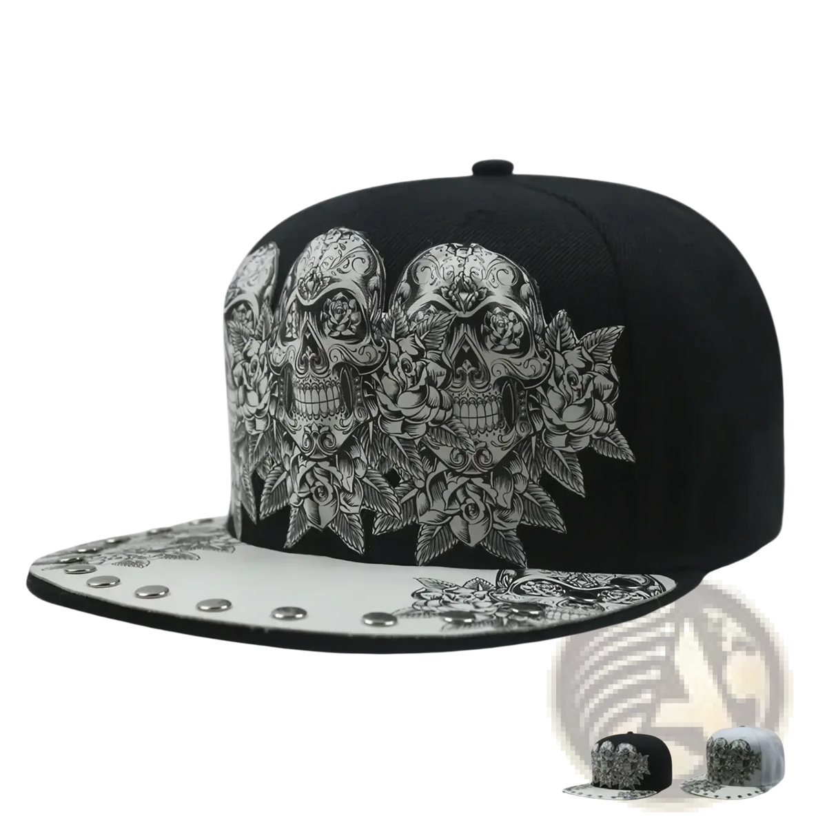 Black snapback baseball cap featuring intricate silver sugar skull and rose embroidery with white brim and metallic studs