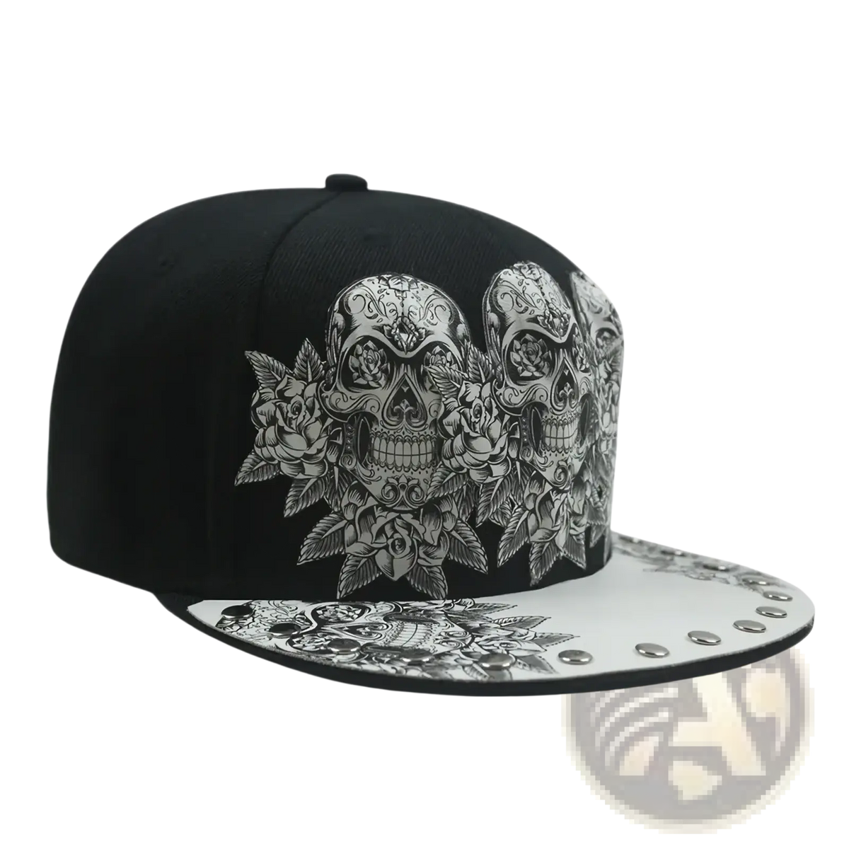 Black snapback baseball cap featuring intricate silver sugar skull and rose designs with white studded brim