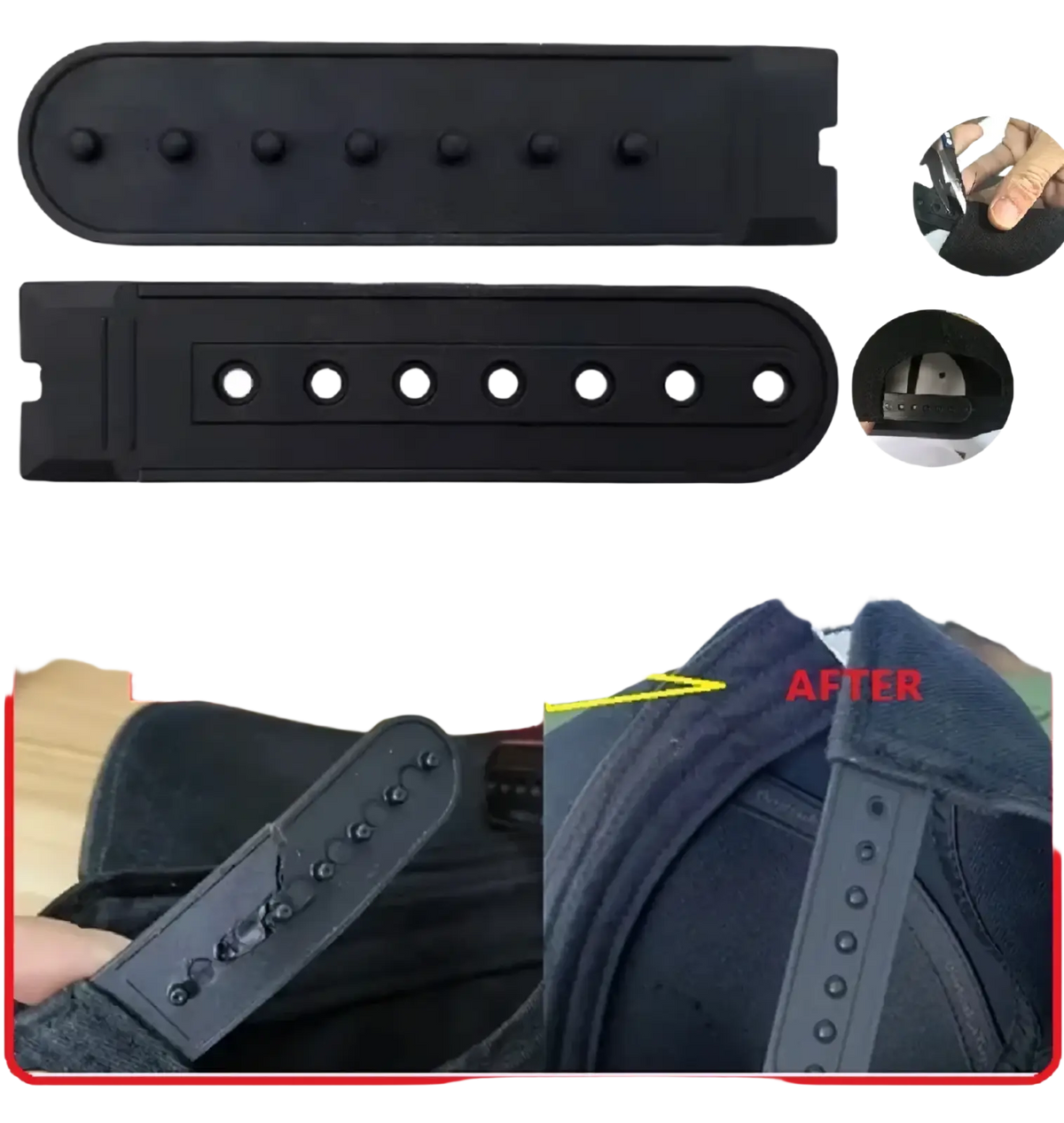 Back view of black plastic cap strap replacement with six adjustable holes and reinforced end for sugar skull rivet snapback baseball cap