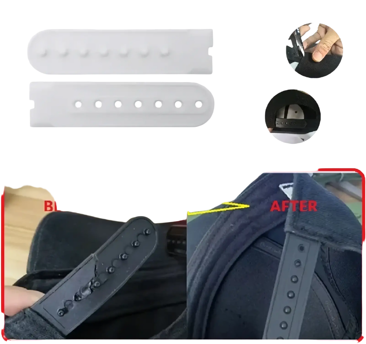 Black plastic cap strap replacement buckle with adjustable holes on the back of sugar skull rivet snapback baseball cap