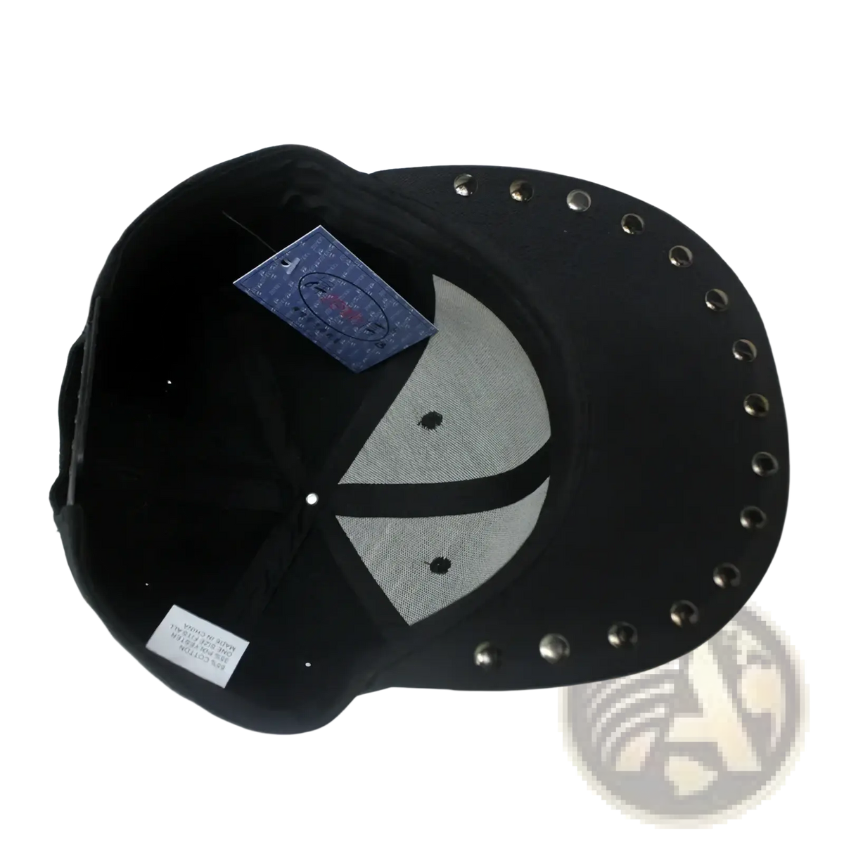 Black Sugar Skull rivet snapback baseball cap with silver rivets on brim and mesh interior for breathability