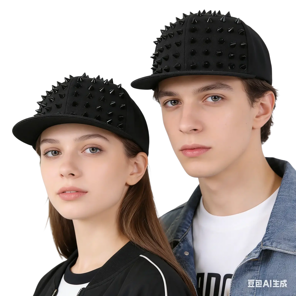Black sugar skull rivet snapback baseball cap with glossy black metal stud spikes on front panel