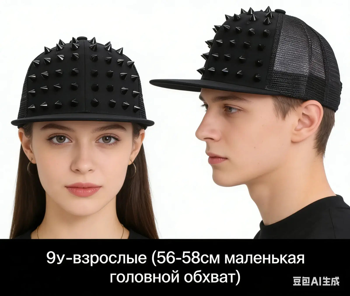 Black spiked Sugar Skull rivet snapback trucker cap with mesh back and solid front panel