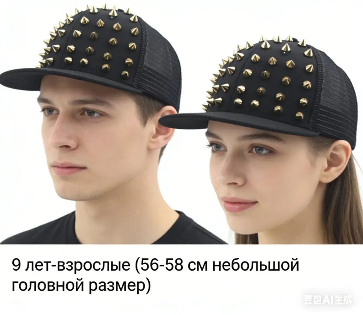 Black trucker-style snapback baseball cap featuring gold-colored metal spikes and sugar skull rivet design