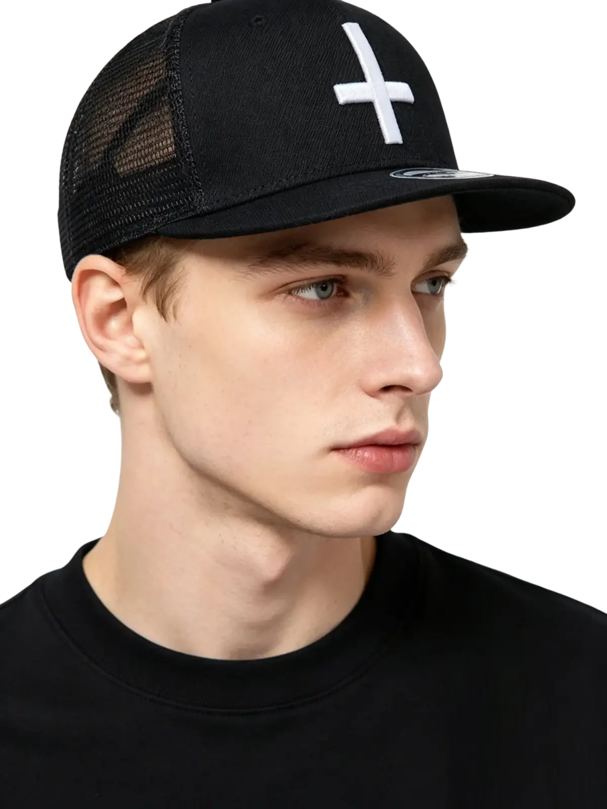 Black trucker-style snapback baseball cap with white cross embroidery front sugar skull rivet design