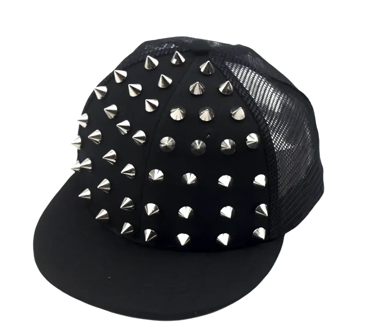 Black trucker-style snapback baseball cap with silver-toned metal spikes and sugar skull rivet detailing
