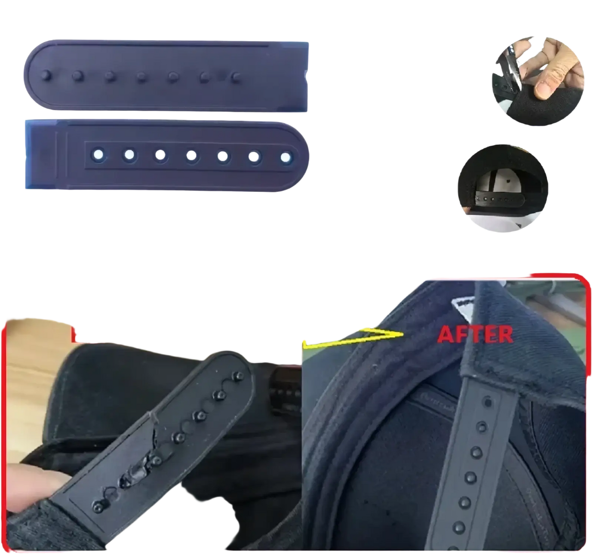 Dark blue plastic cap strap replacement with adjustable holes shown on the back of sugar skull rivet snapback baseball cap