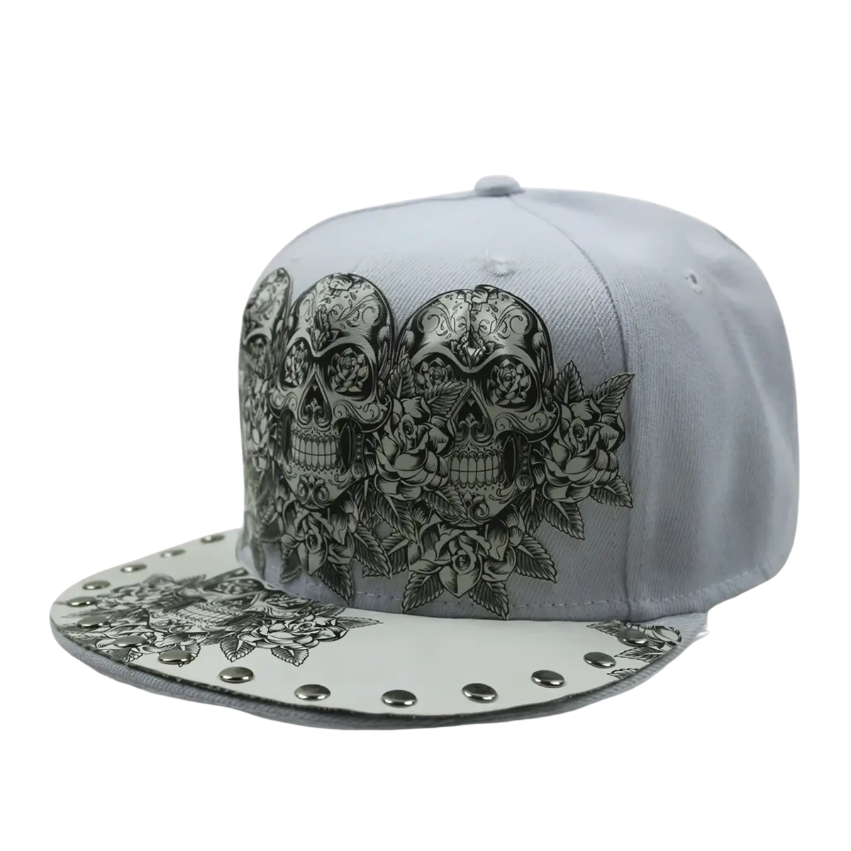 Gray snapback baseball cap with intricate black and white sugar skull floral designs and silver rivet accents on the brim
